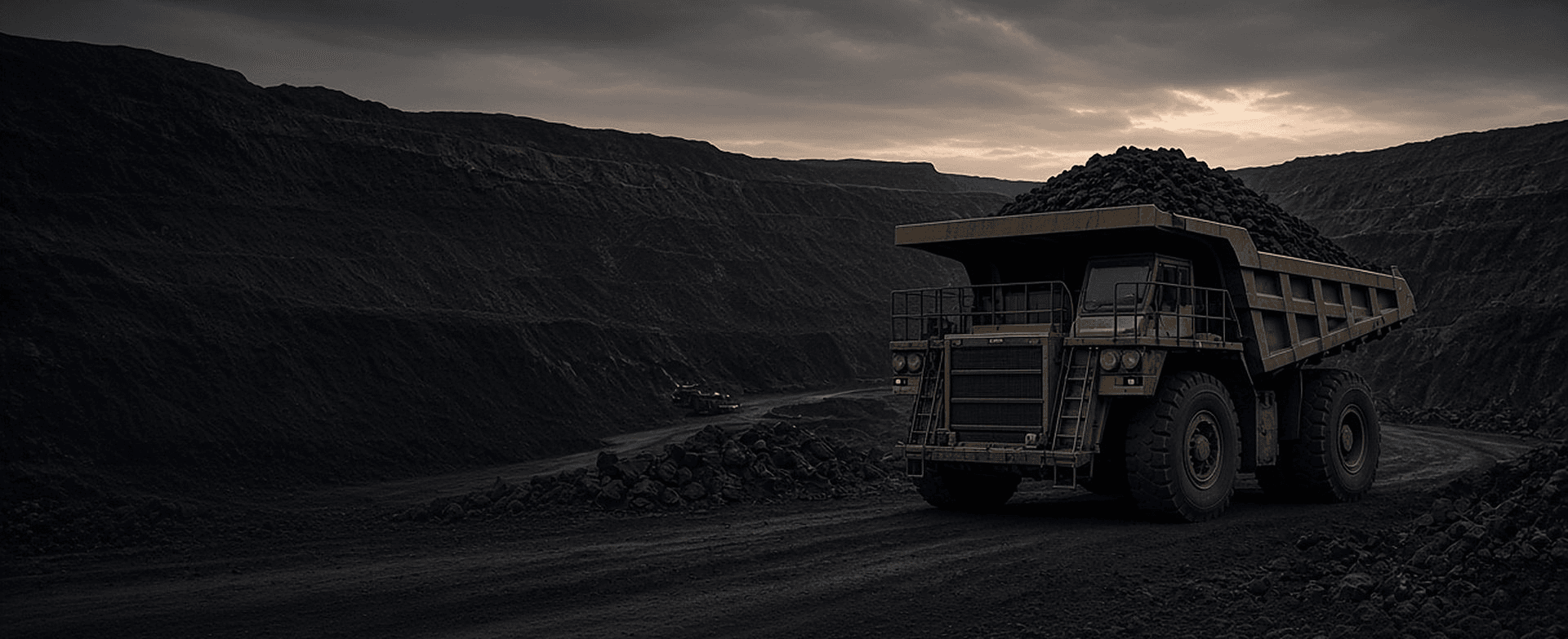 Loaded haul truck on a curving haul road in a terraced open-pit mine at dusk